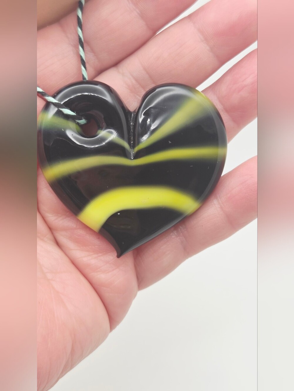 MURANO Black and Yellow GLASS Heart Pendant Art Glass